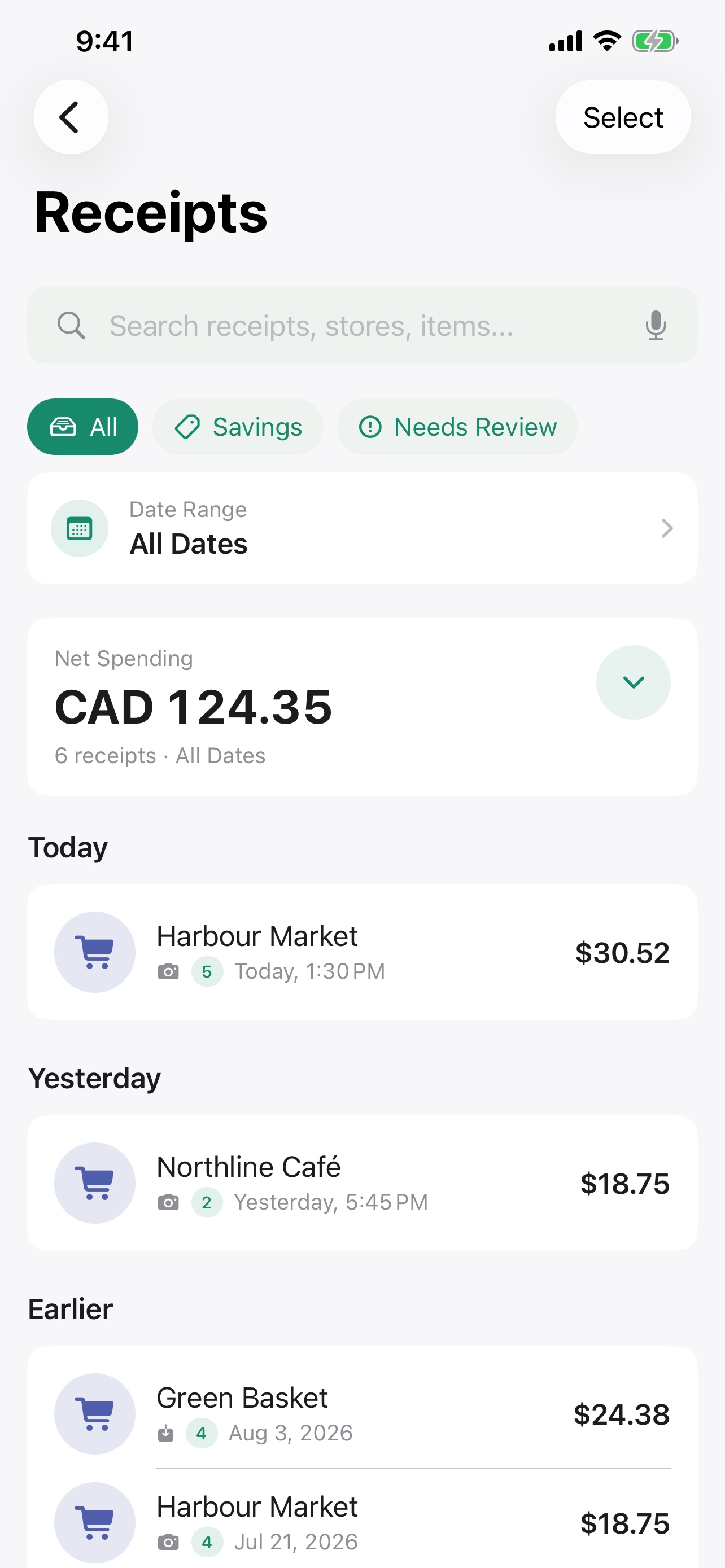 Recipti receipt library with search and filters