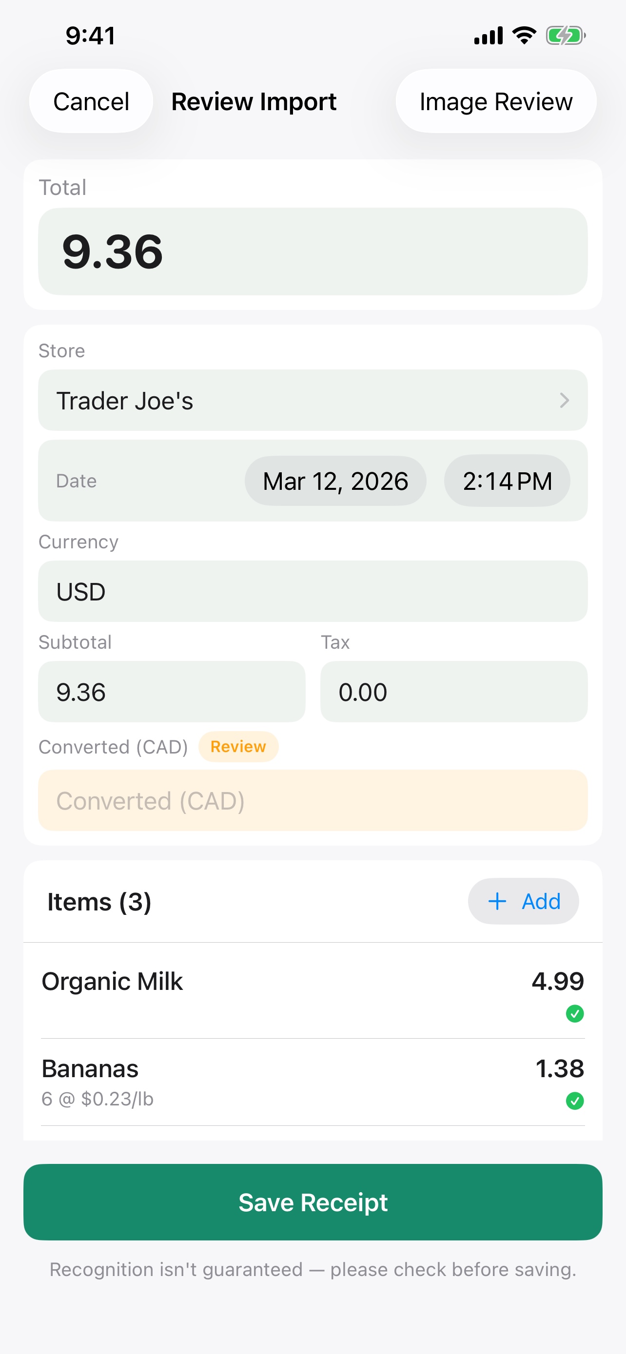 Recipti review screen example