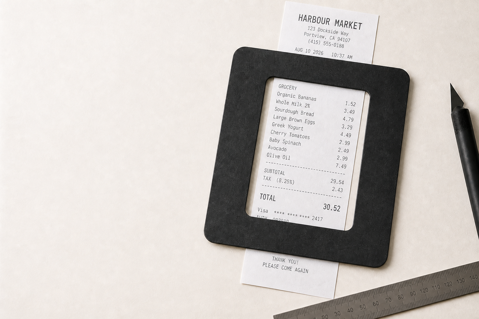 ScanPad framing a realistic printed grocery receipt on a work surface