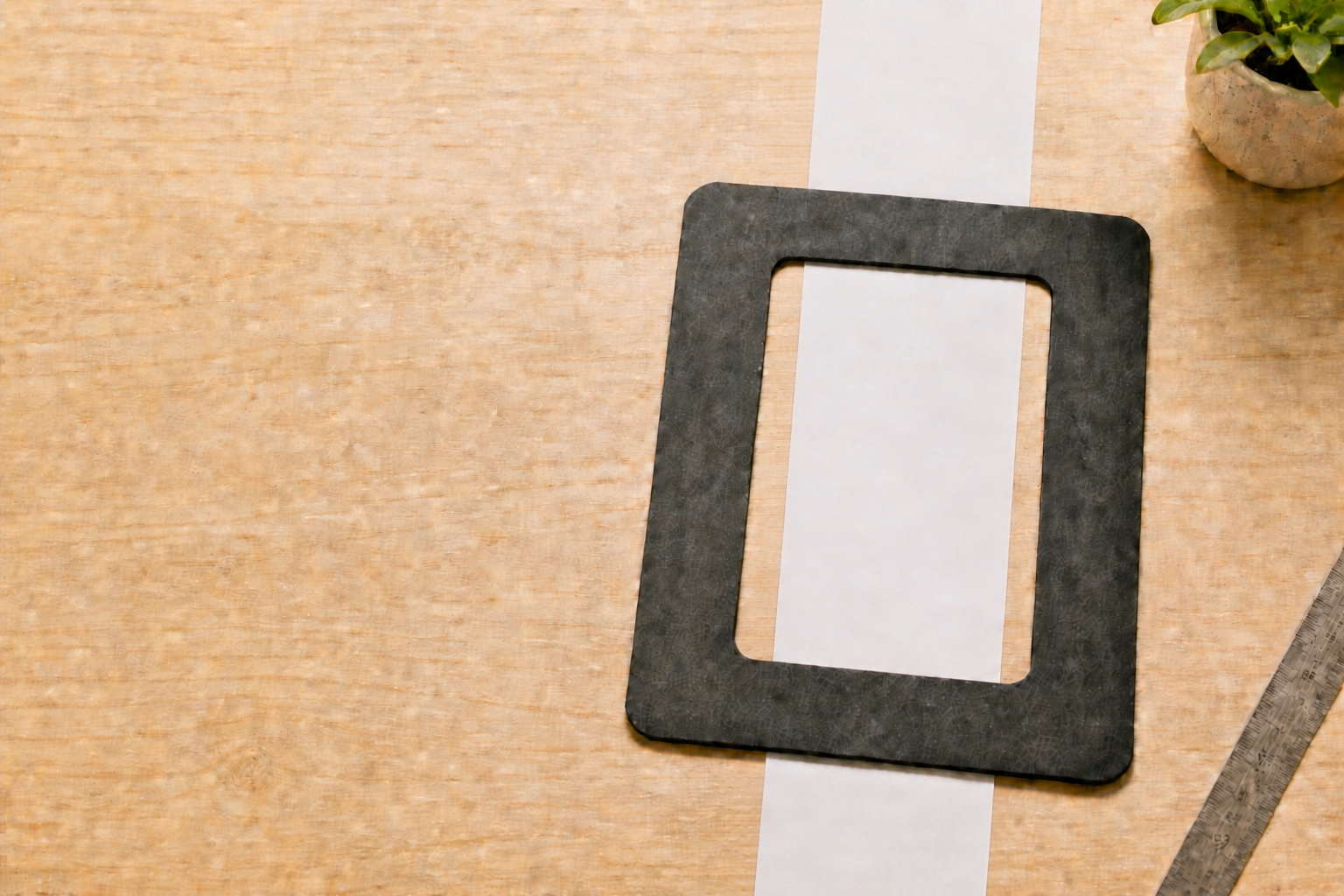 A long receipt passing behind the open ScanPad frame